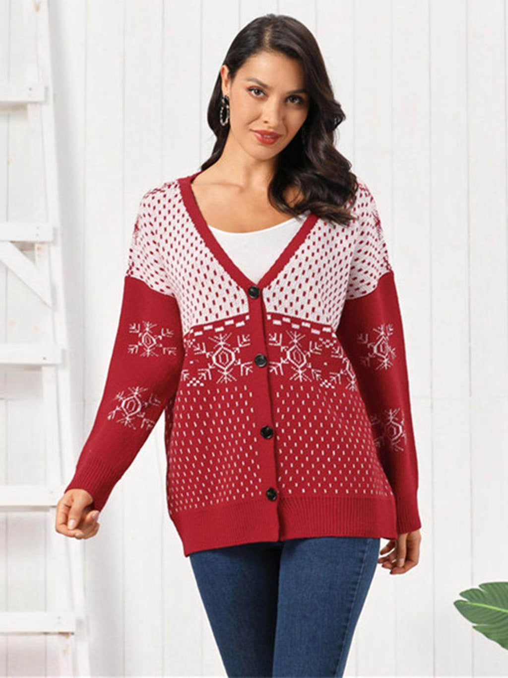 Snowflake Button Down Cardigan in Soft Stretchy Acrylic