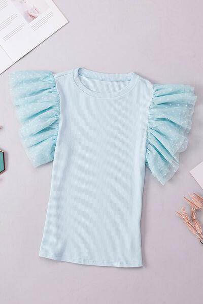 Ruffled Round Neck Cap Sleeve Top for Women Casual Wear