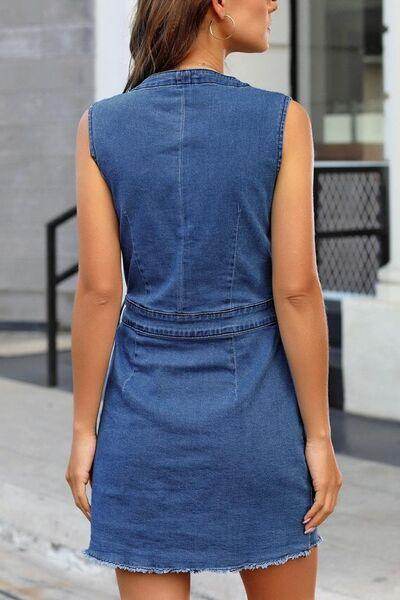 Full Size Button Up V-Neck Sleeveless Denim Dress for Women